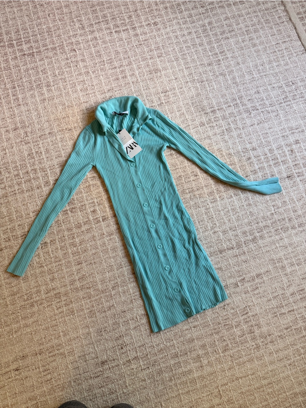 Zara Turquoise Ribbed Button-Front Mini Dress